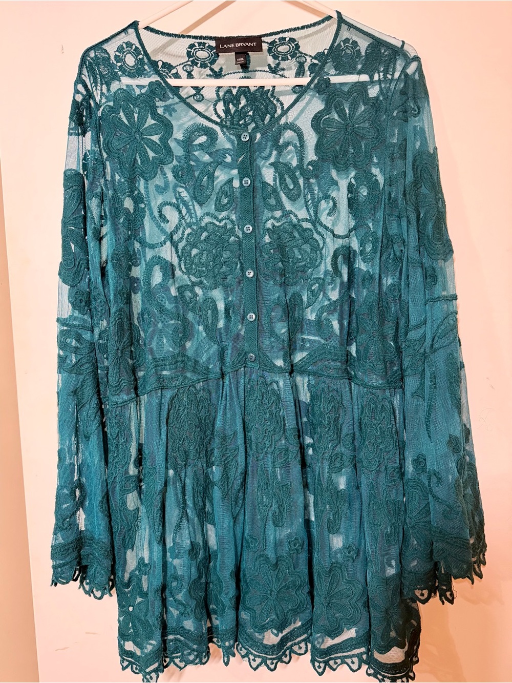 Lane Bryant Teal Floral Lace Button-Up Tunic